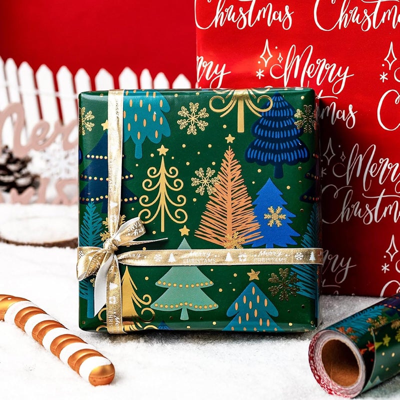 MAYPLUSS Christmas Wrapping Paper Roll - 17 Inch X 33 Feet - Green Gift Wrapping Paper Christmas Tree Snowflake Reversible Red for Holiday Party New Year Kids - Image 3